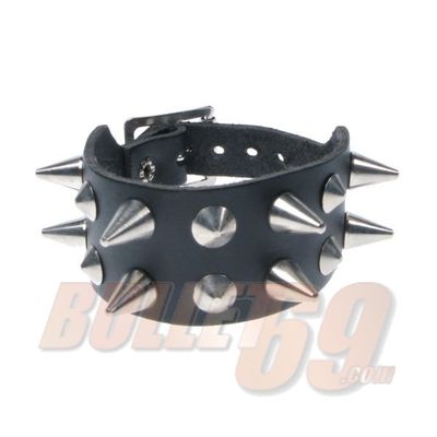 Foto van Bullet69 | Verstelbare zwart leren armband met 2 rijen cones en studs