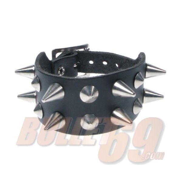 Bullet69 | Verstelbare zwart leren armband met 2 rijen cones en studs