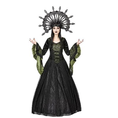 Foto van Sinister | Lange gothic jurk Helo, olijf groen satijn onderlaag met zwart kanten overrokken