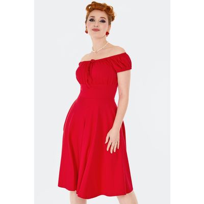 Foto van Voodoo Vixen | Rode jaren 60 Retro swing jurk met geplooide halslijn en korte pofmouw