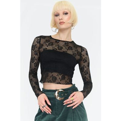 Jawbreaker | Zwarte fishnet rozenkant top met lange mouwen 