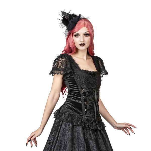 Sinister | Top Autumn, zwart fluweel, een corset detail en kanten kapmouwen