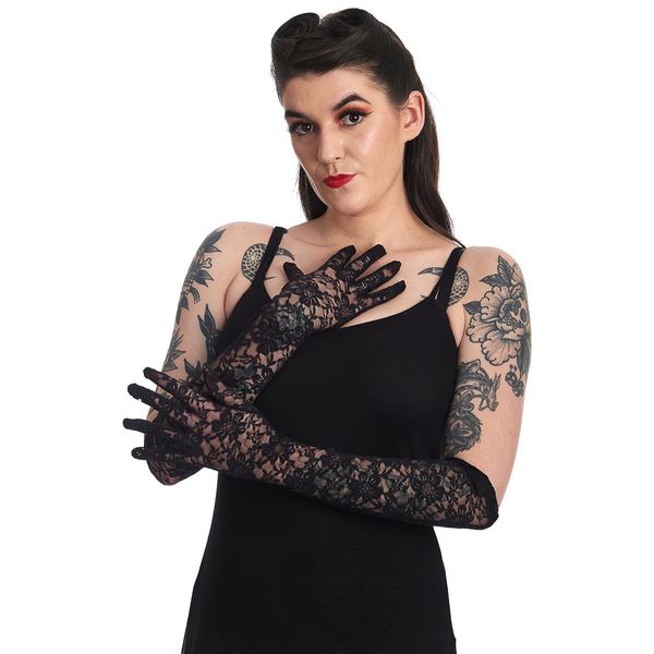 Banned | Sybil lange zwarte kanten, Gothic handschoenen met vingers