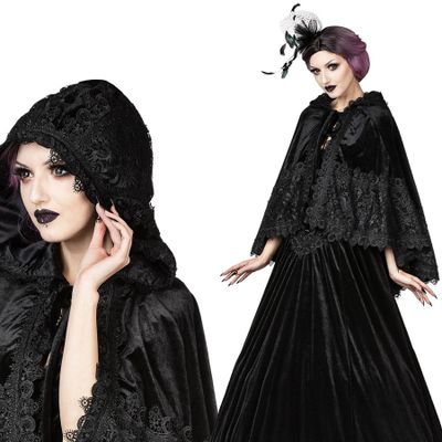 Foto van Sinister | Zwarte fluwelen Cape Seline met brede kant en zwart satijn gevoerde capuchon