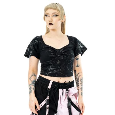 Foto van Vixxsin | Gothic top, Shadowglass met diepe halslijn wijde mouwtjes en veter op de rug