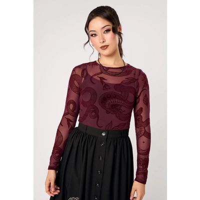 Hell Bunny | Gothic top Cobra Charmer van burgundy mesh met slangen flockprint