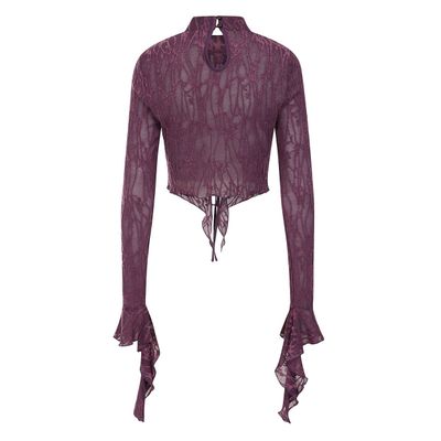 Foto van Banned | Gothic aubergine spinnenweb top, Abyssia met lange punten aan de mouw