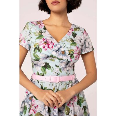 Foto van Hell Bunny | Jaren '50 jurk Rina, baby-blauw met grote witte en roze vintage bloemen