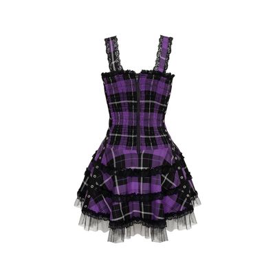 Foto van Hell Bunny | Punkjurkje Harley van zwart paarse tartan met corsetlint
