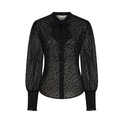 Foto van Banned | Zwarte vintage blouse Florance Floral, met pofmouwen, halsstrik en flockpint