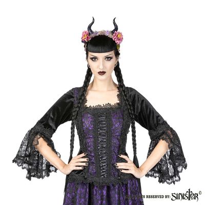 Foto van Sinister | Top Alice, zwart fluweel met paars, kant en klokmouwen