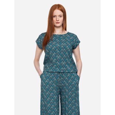 ATO Berlin | Retro shirt Leo met blauw teal gingo-patroon, bioviscose