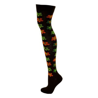 Foto van Macahel | Overknee sokken bruin met groen en oranje Retro bloemen