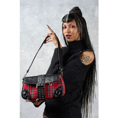 Foto van Banned | Schoudertas Disorder, rode tartan met studjes en piercings