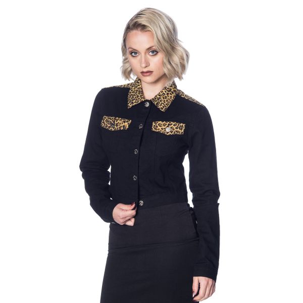 Banned | Rockabilly denim jacket met leopard klep-zakken schouder en kraag