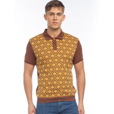 Foto van ATO Berlin | Polo Enzio, biokatoen bruin met geel retro jacquard patroon