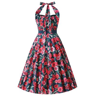 Foto van Dolly and Dotty | Daisy Pink Floral vintage halterswing jurk met roze bloemen print