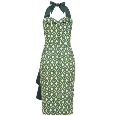 Foto van Collectif | Pencil halterjurk Lorna Tiki Harlequin, groen ruit