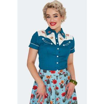 Foto van Voodoo Vixen | Blauwe Cactus Floral Western style blouse met korte mouw