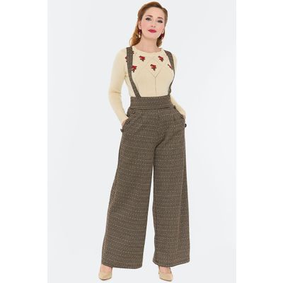 Foto van Voodoo Vixen | Bruine Houndstooth pantalon met hoge taille en afneembare bretels