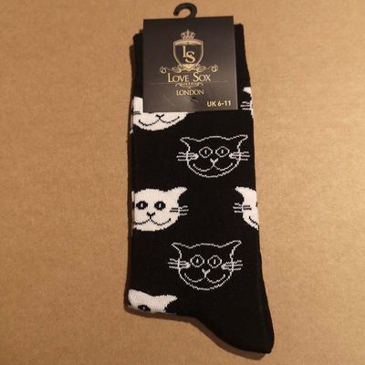 Love Sox | Heren sokken zwart met witte kattenkopjes