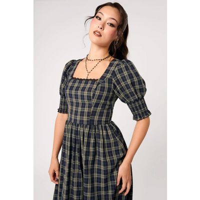 Foto van Hell Bunny | Lange jurk Morelle met 3/4 mouwtjes groen met blauwe fijne geruite-tartan