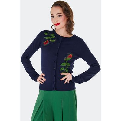 Voodoo Vixen | Blauwe Vintage cardigan met Venus Flytrap borduursels