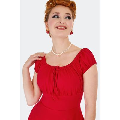 Foto van Voodoo Vixen | Rode jaren 60 Retro swing jurk met geplooide halslijn en korte pofmouw