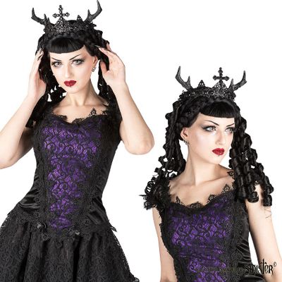 Foto van Sinister | Top Scarlett, zwart fluweel met paars satijn, kant en satijn strikjes