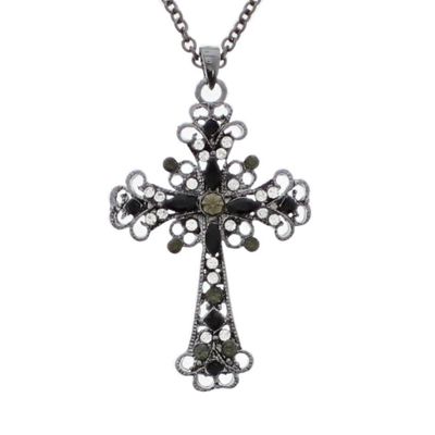 Foto van Zacharia | Halsketting van gun-metaal met een gothisch kruis en diamantjes