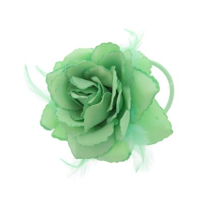 Zacharia | Mint groene roos met glitter en veertjes op haarclip broche en elastiek