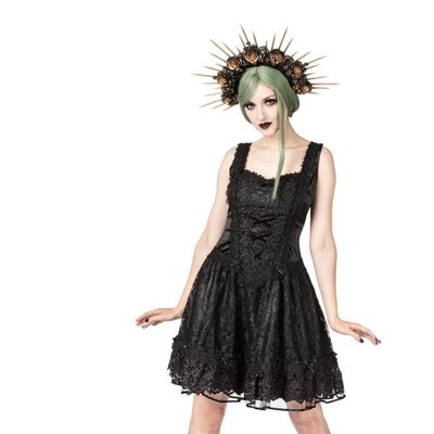 Foto van Sinister | Gothic Lolita mini-jurk Rosie, zwart kant met zwart satijn