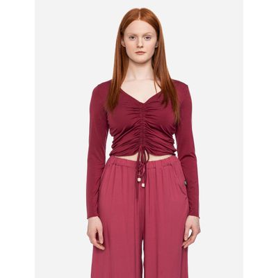 Foto van ATO Berlin | Lange mouw top Tinah, v-hals bordeaux rode eco viscose