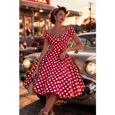 Foto van Dolly and Dotty | Jurk Lily off shoulder vintage swing jurk, rood met witte strippen 