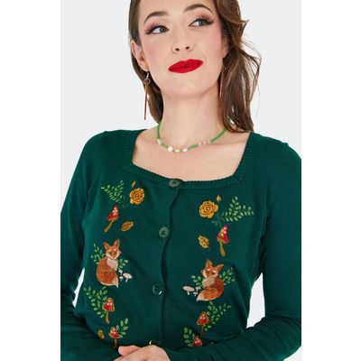 Foto van Voodoo Vixen | Groene cardigan met vosjes en paddenstoeltjes borduursel 