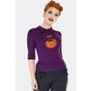 Afbeelding van Voodoo Vixen | Paars truitje met 3/4 mouwen met een Halloween pumpkin met kat