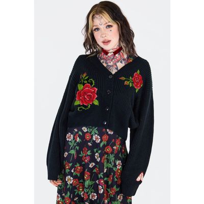 Jawbreaker | Oversized zwarte cardigan met grote rode rozen borduursel