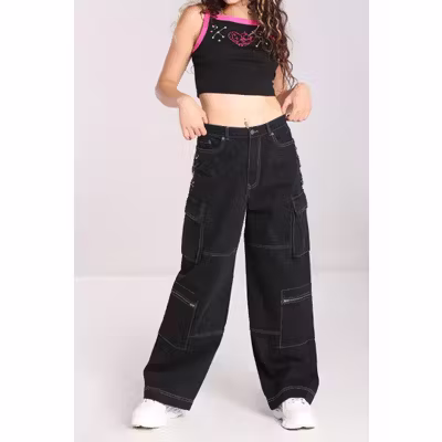 Foto van Hell Bunny | Zwarte baggy jeans broek Cameron, met zakken en D-ringen
