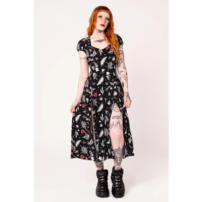 Hell Bunny | Lange jurk Leah met korte mouwtjes, veren, vlinders en mystiek