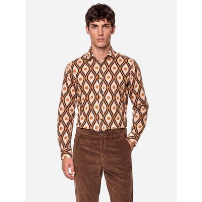 ATO Berlin | Soepel overhemd Tamuza met Cognac Beige retro patroon, biokatoen