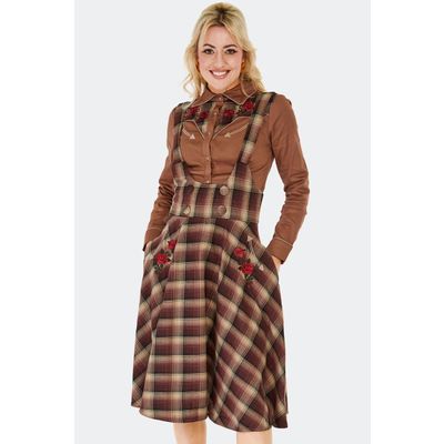 Voodoo Vixen | Bruin geruite jaren '70 Western rok met rozenborduursel hoge taille en schouderbanden