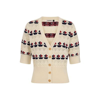 Foto van Banned | Vintage cardigan Kitty sail met 3/4 mouw, ajour patroon met bootjes