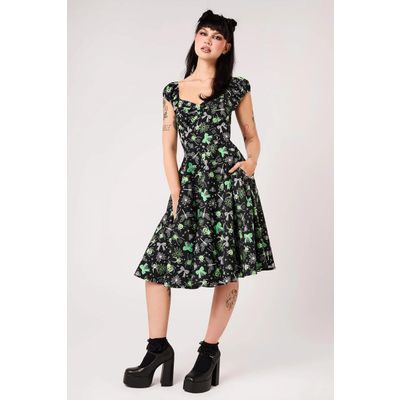 Hell Bunny | Jaren 50 jurk Millie met groene strikjes, hartjes en insecten
