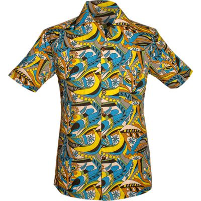 Chenaski | Overhemd korte mouw, psychedelic flowers, creme blauw geel