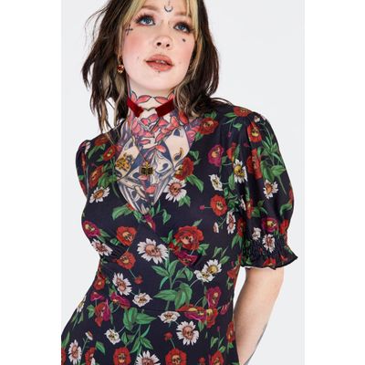 Foto van Jawbreaker | Jaren 80 Skull Flower midi jurk met pofmouwen