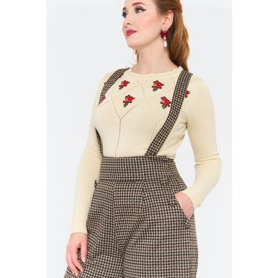 Foto van Voodoo Vixen | Bruine Houndstooth pantalon met hoge taille en afneembare bretels