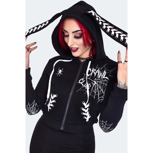 Jawbreaker | Hoody zwart met witte veterdetails en goth web prints