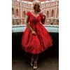 Afbeelding van Dolly and Dotty | Jurk Lily off shoulder vintage swing jurk, rood met kleine witte strippen