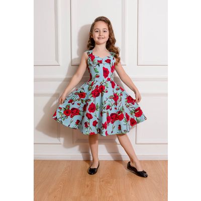 Foto van Hearts and Roses | Kinderjurk Ditsy blauw met grote rode rozen