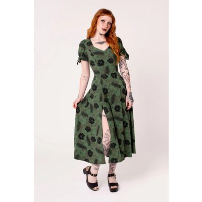 Foto van Hell Bunny | Lange groene jurk Georgia met korte mouwtjes, bladpatroon en zwarte rozen
